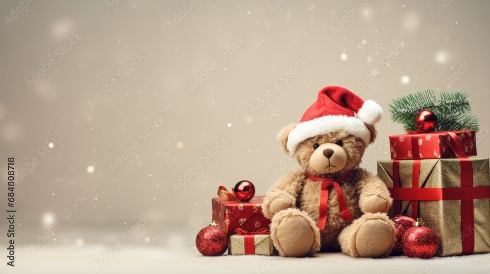  a teddy bear wearing a santa hat and sitting next to a pile of christmas presents with a christmas tree in the background.