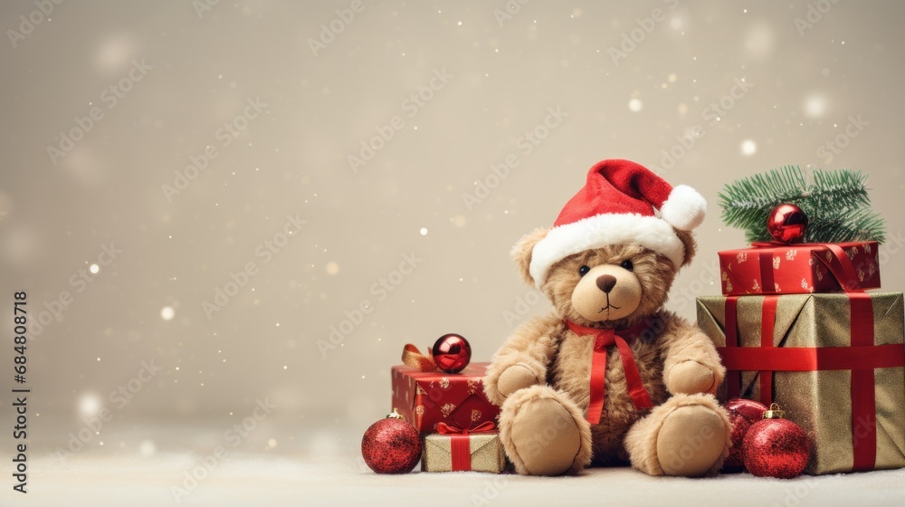 a teddy bear wearing a santa hat and sitting next to a pile of christmas presents with a christmas tree in the background. a teddy bear wearing a santa hat and sitting next to a pile of christmas presents with a christmas tree in the background.