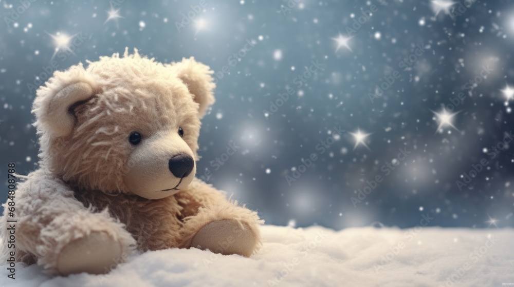 a teddy bear sitting in the snow with snow flakes on it's back and stars in the background. a teddy bear sitting in the snow with snow flakes on it's back and stars in the background.