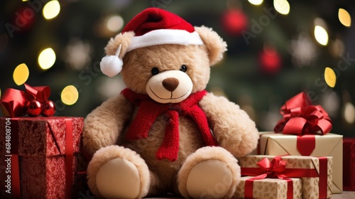  a teddy bear wearing a santa hat and sitting next to a pile of presents with a christmas tree in the background.