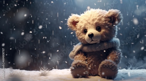  a teddy bear sitting in the snow with a scarf around it's neck and wearing a scarf around its neck. © Anna