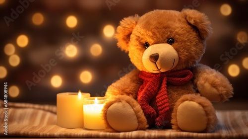  a teddy bear with a scarf around its neck and a lit candle in front of a boke of lights.