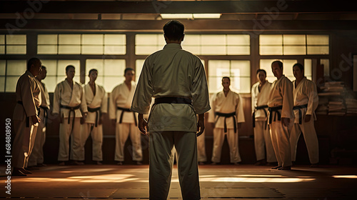 Karateka and sensei bowing in dojo warm colors respectful posture engaging karate scene