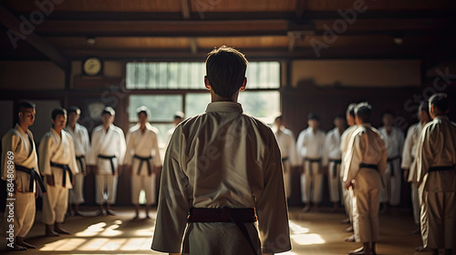 Karateka and sensei bowing in dojo warm colors respectful posture engaging karate scene