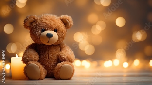 a teddy bear sitting next to a lit candle in front of a blurry background of boke of lights. © Anna