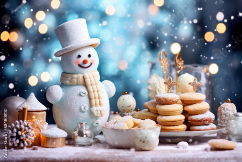 Christmas cookies with marzipan snowman on festive background. Homemade food design decoration template photo