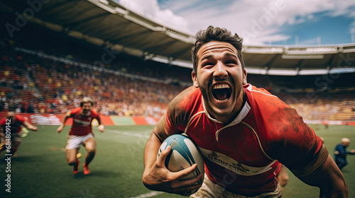 Joyful rugby player scoring by diving across the try line