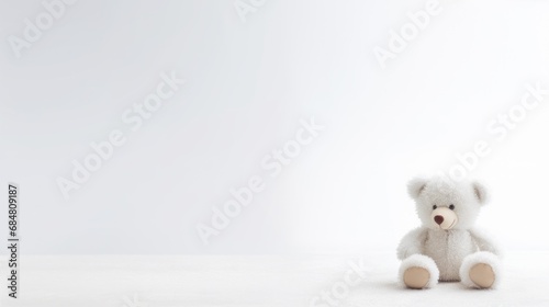  a white teddy bear sitting in the middle of a white room with a white wall behind it and a white wall behind it.