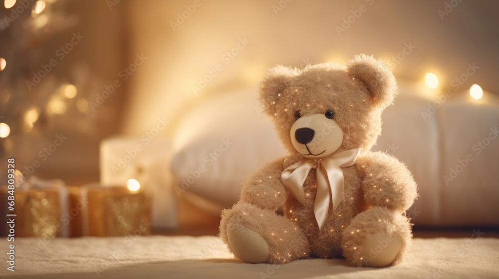 a teddy bear sitting in front of a bed with christmas lights on the headboard and a teddy bear in the foreground. a teddy bear sitting in front of a bed with christmas lights on the headboard and a teddy bear in the foreground.
