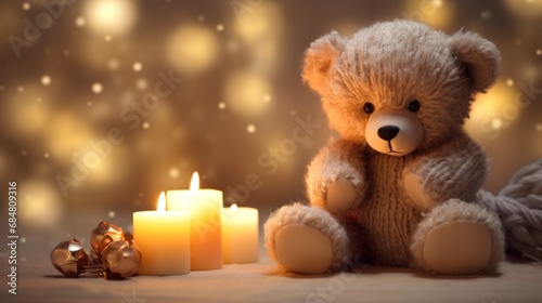  a teddy bear sitting in front of a lit candle and a christmas ornament on a table with a blurry background. © Anna