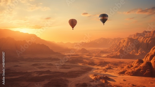 Mountains of Al Ula desert Saudi Arabia touristic destination, ballons at the golden sunset