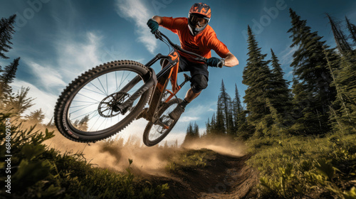 Mountain biker catching air off a natural jump vibrant colors thrilling