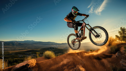 Mountain biker catching air off a natural jump vibrant colors thrilling © javier