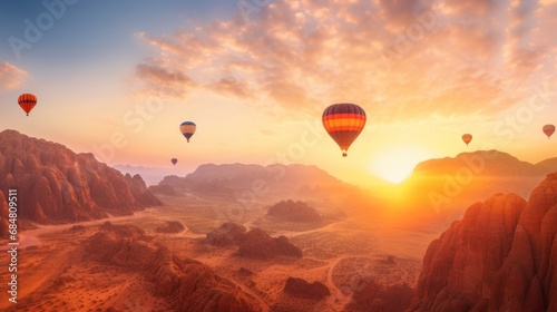 Mountains of Al Ula desert Saudi Arabia touristic destination, ballons at the golden sunset photo