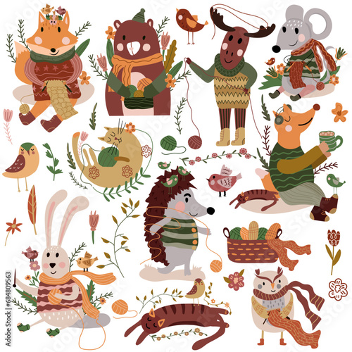 Cute forest animals in scarf and knitted sweaters are knitting and drinking tea, basket with threads. Cute mouse, fox, lazy cat, etc. Suitable for various creative projects. Vector