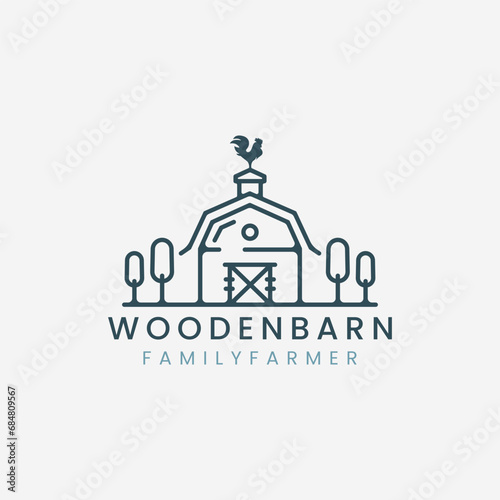 wooden barn logo line art vector illustration template design, with tree and rooster icon