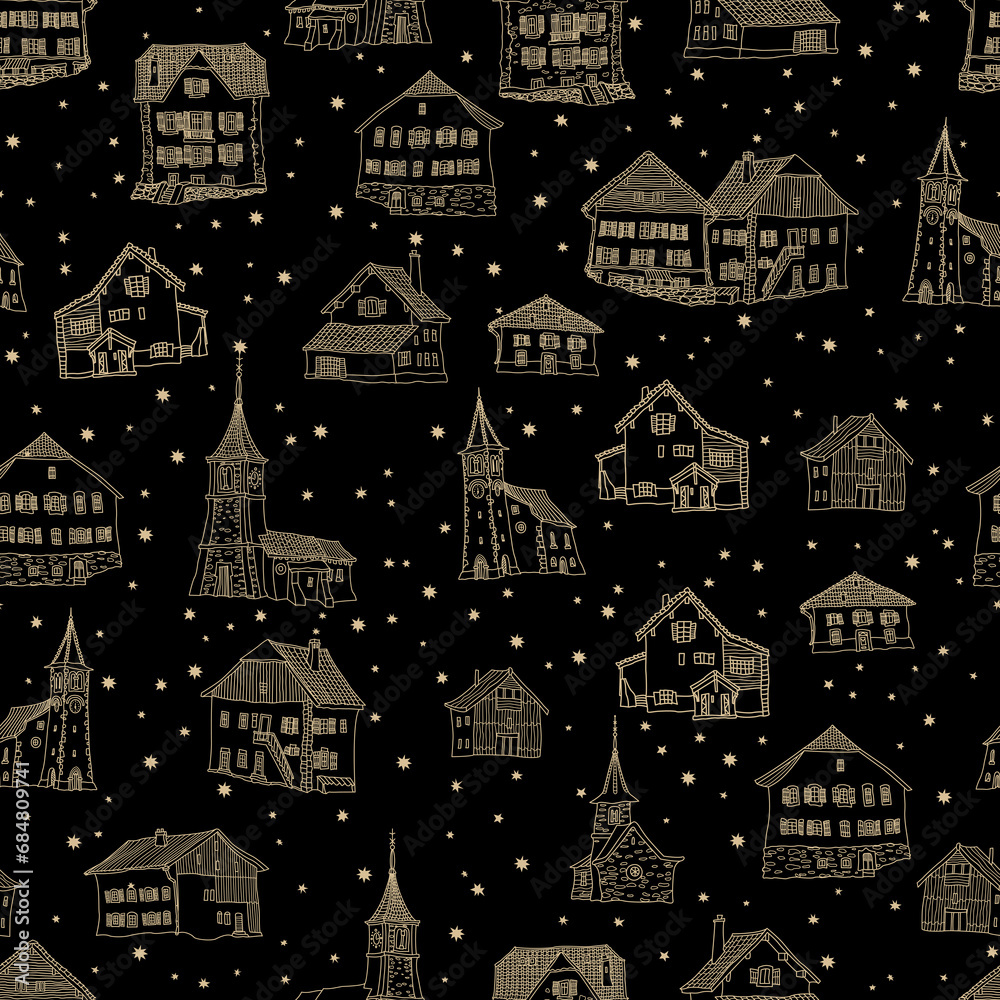 Christmas and New Year seamless pattern. Fairy tale gold contour houses, golden stars and snowflakes on a black background