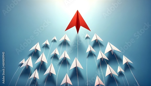 This image captures a bold red paper airplane soaring above a fleet of white paper airplanes against a clear blue sky photo