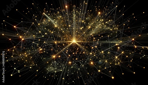  depicts a complex network of interconnected points radiating from a central bright light, resembling a starburst pattern with nodes and lines creating a visual representation of a data 