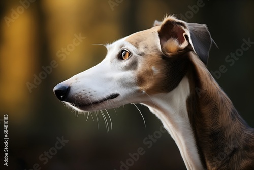 Close up brown and white galgo dog head photography, spanish greyhound breed standing in nature. Whippet purebred. Sight hound hunting animal