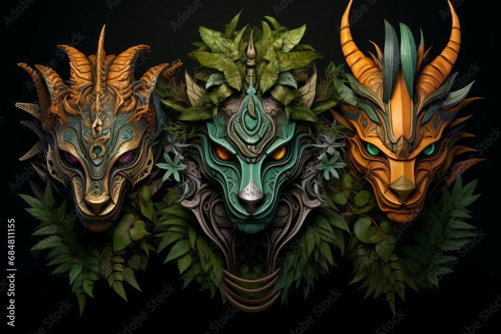 Three dragon masks with ornate details and surrounded by foliage, each depicting a unique color and design, set against a dark backdrop.