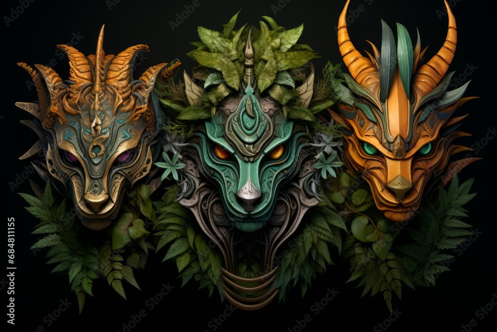 Three dragon masks with ornate details and surrounded by foliage, each depicting a unique color and design, set against a dark backdrop. Three dragon masks with ornate details and surrounded by foliage, each depicting a unique color and design, set against a dark backdrop.