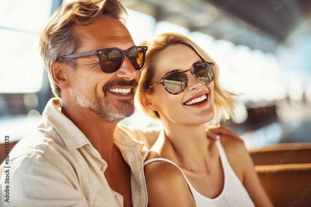 A radiant couple with stylish sunglasses share a joyful moment, basking in warm, natural light, reflecting a relaxed, summery vibe. A radiant couple with stylish sunglasses share a joyful moment, basking in warm, natural light, reflecting a relaxed, summery vibe.