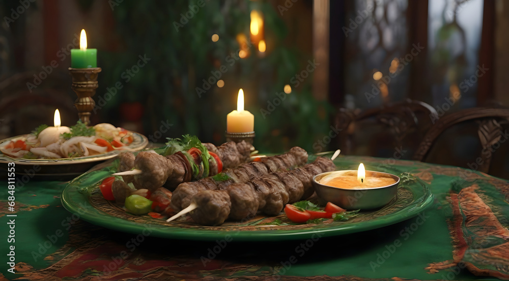 Kebab dish, green theme table, luxury restaurant Kebab dish, green theme table, luxury restaurant