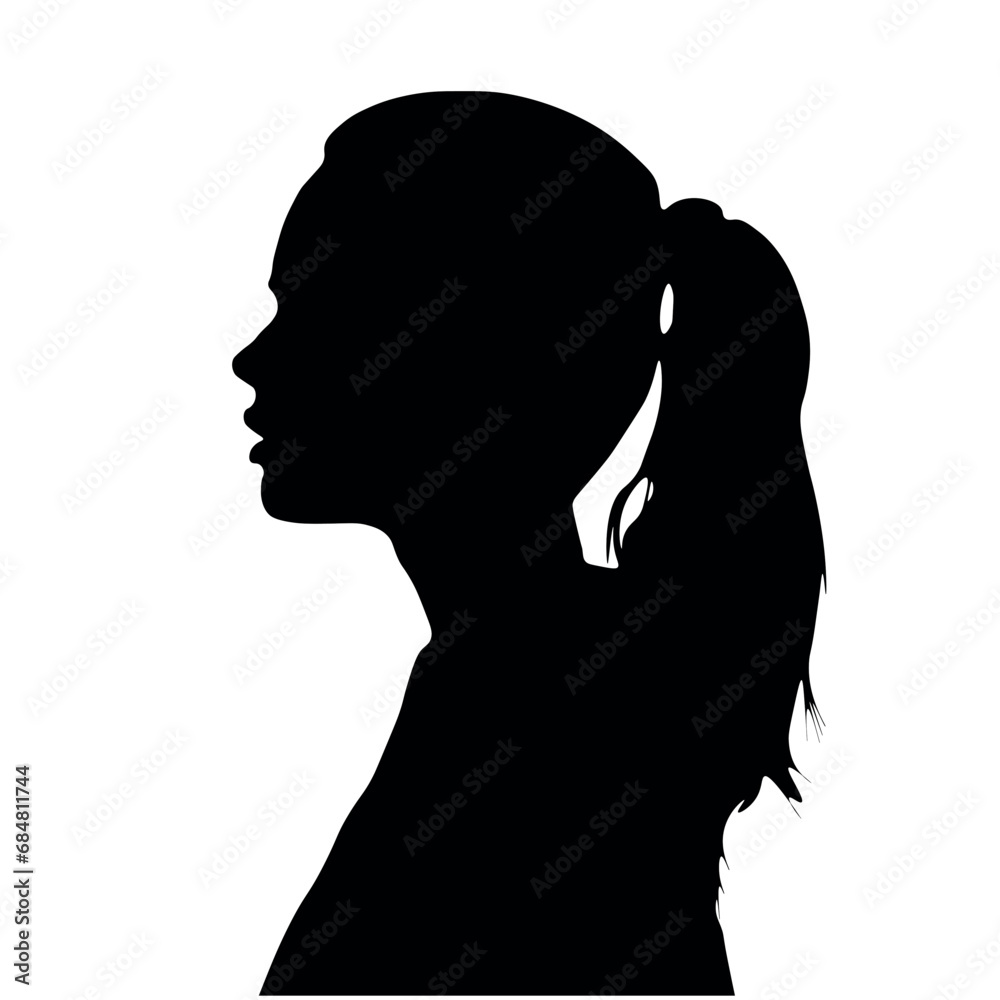 Black silhouette of a girl with a ponytail on a white background