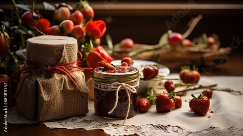 A charming rustic Valentine's gift box, with a burlap and lace wrap, holding artisanal jams, on a farmhouse table.