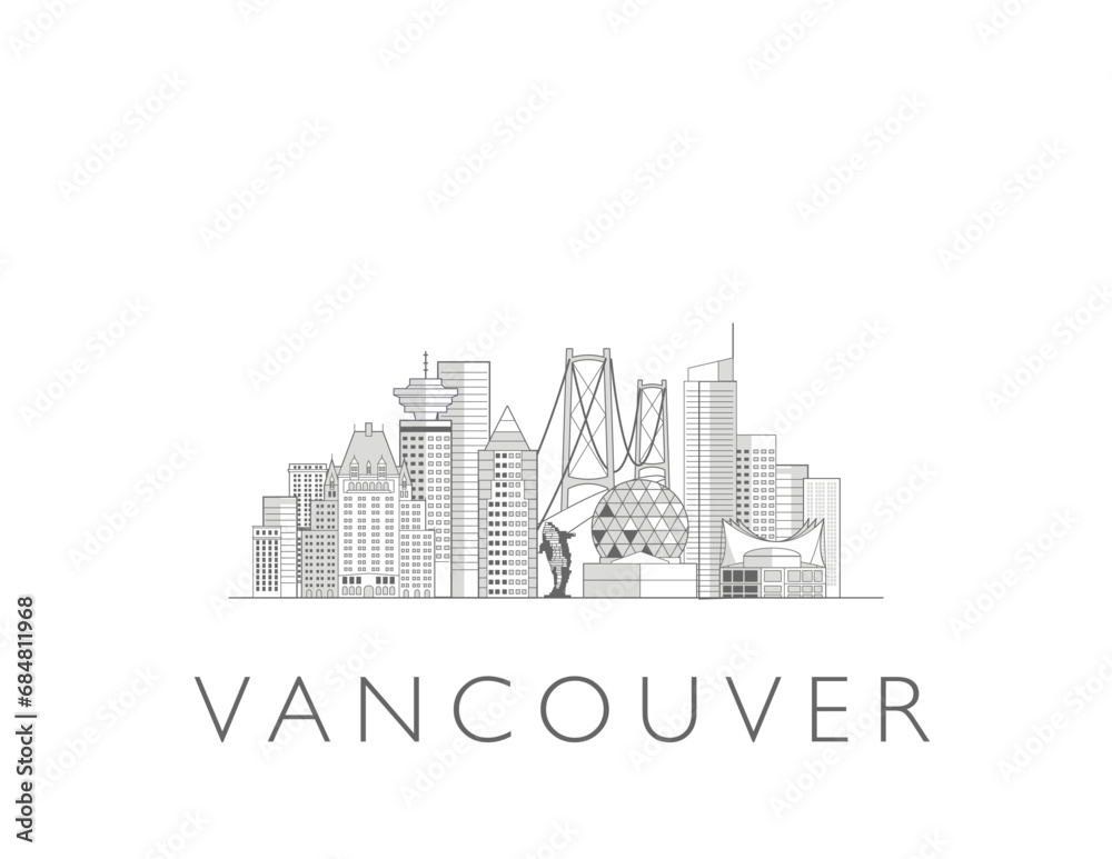 Vancouver BC cityscape line art style vector illustration stock illustration in black and white