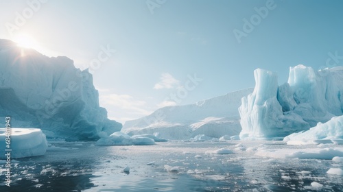  a group of icebergs floating on top of a body of water next to a mountain covered in snow.