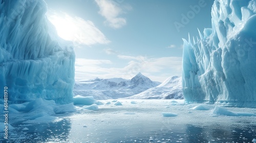  a group of icebergs floating on top of a lake surrounded by snow covered mountains under a blue sky.