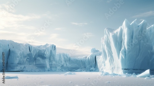  a group of icebergs that are standing in the snow on a sunny day with a blue sky in the background.