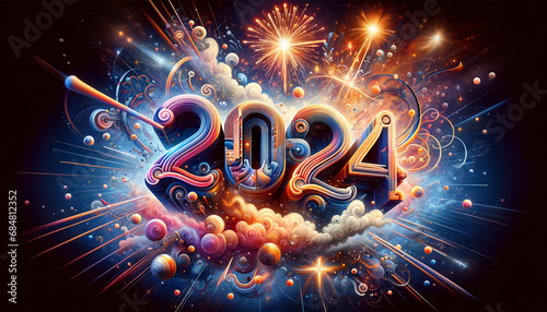Futuristic New Year 2024 Celebration: Vibrant Abstract Fireworks and Glowing Numerals