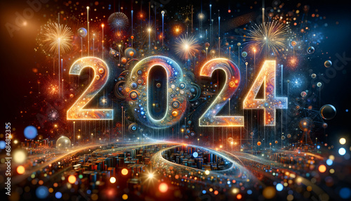 Futuristic New Year 2024 Celebration: Vibrant Abstract Fireworks and Glowing Numerals