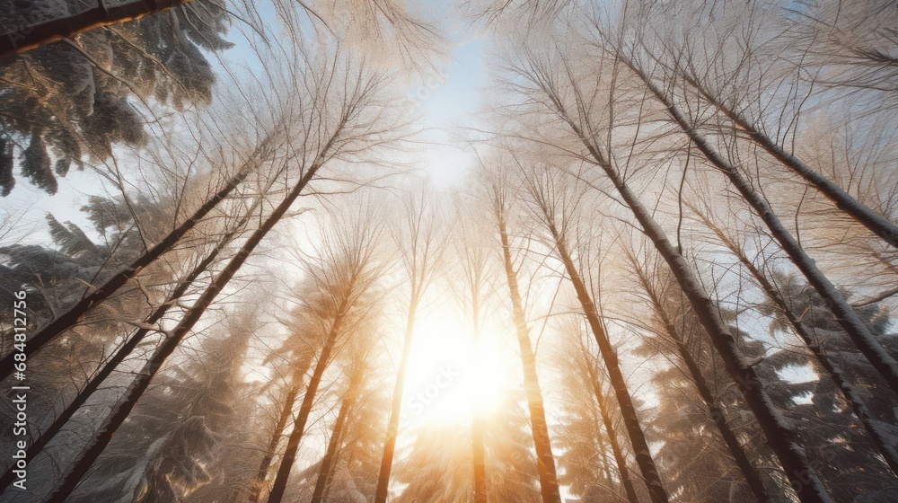 Obraz premium the sun shines through the trees in a forest of snow - covered trees, with the sun shining through the branches.