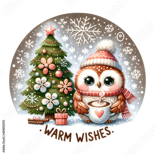 An owl with a mug beside a Christmas tree, Warm Wishes on the banner