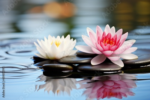 Another depiction of a spa still life with a water lily and zen stone in a serenity pool.