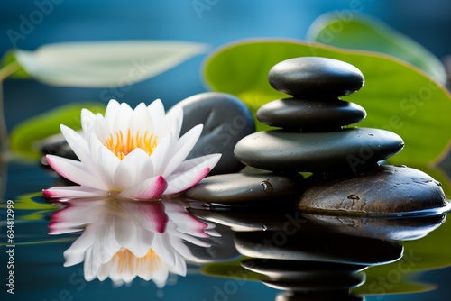 A serene spa still life featuring a water lily and zen stone in a tranquil pool.