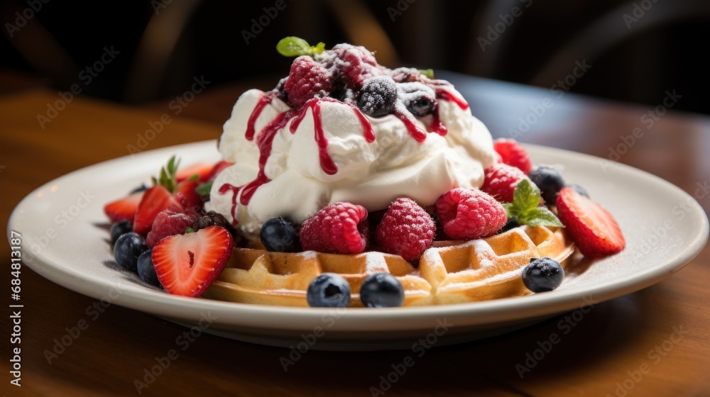 a white plate topped with waffles covered in whipped cream and berries and drizzled with syrup. a white plate topped with waffles covered in whipped cream and berries and drizzled with syrup.