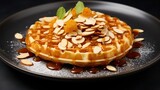  a waffle topped with almonds and a mint garnish on a black plate on a black table.
