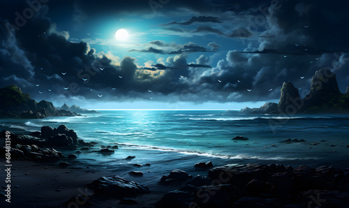 sea view, night painted landscape, night sky, nature wallpaper, picturesque landscapes © elina