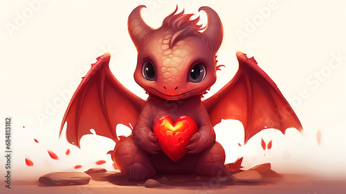 cute little fairy dragon with wings holds a red heart in its paws