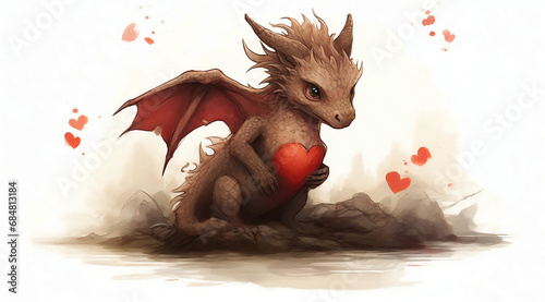cute little dragon with wings holds his paw on his chest with a heart drawn on it