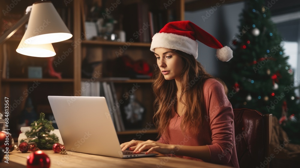 A smiling woman surfs the Internet on her laptop computer looking for Christmas shopping while sitting at a table in front of a decorated Christmas tree wearing her Santa hat. A smiling woman surfs the Internet on her laptop computer looking for Christmas shopping while sitting at a table in front of a decorated Christmas tree wearing her Santa hat.