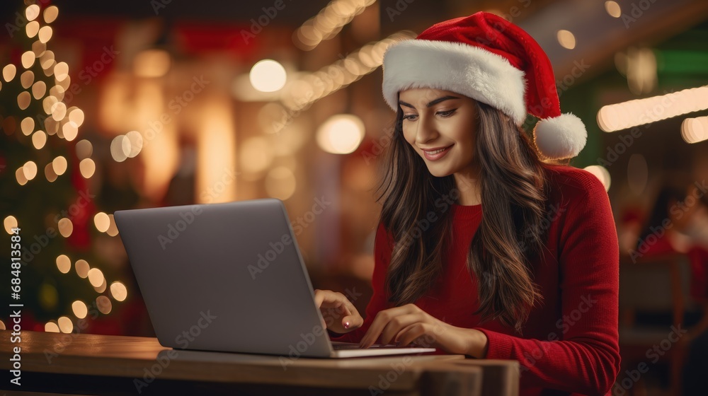 A smiling woman surfs the Internet on her laptop computer looking for Christmas shopping while sitting at a table in front of a decorated Christmas tree wearing her Santa hat.