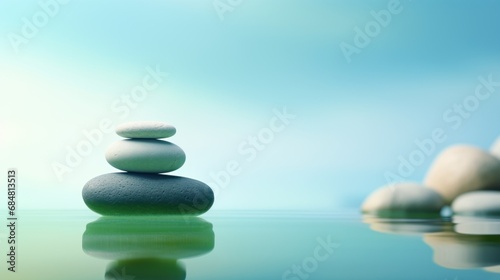  a stack of rocks sitting on top of a body of water next to a row of smaller rocks on top of each other.