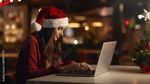 A smiling woman surfs the Internet on her laptop computer looking for Christmas shopping while sitting at a table in front of a decorated Christmas tree wearing her Santa hat. photo