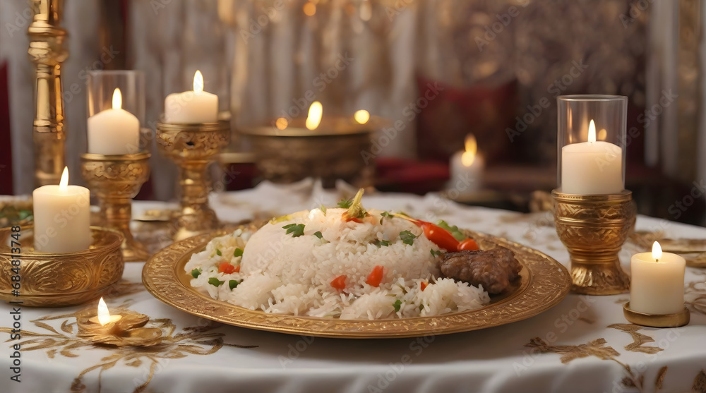 Rice and kebab on the golden plate in a restaurant, white fabric on table, candles on the table